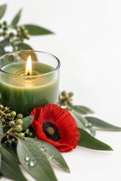 Lit candle and red poppy symbolizing solemn remembrance, commemoration, and respect for sacrifice in Australia and New Zealand.