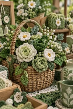 Crochet flower bouquet filling a woven basket at an artisan craft market stall, featuring handmade yarn roses and blossoms.