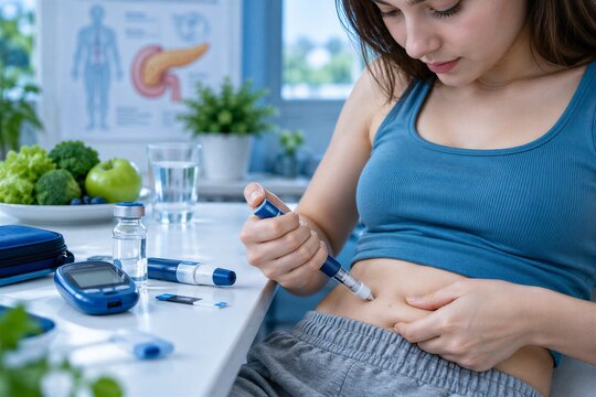 Diabetic patient self-injecting insulin with an autoinjector for diabetes management, blood sugar control, and glycemia monitoring.