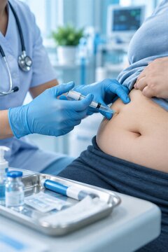 Demonstrating Semaglutide GLP-1 Agonist Subcutaneous Injection with an Injection Pen into the Abdomen for Obesity Treatment and Diabetes Management, highlighting Weight Loss