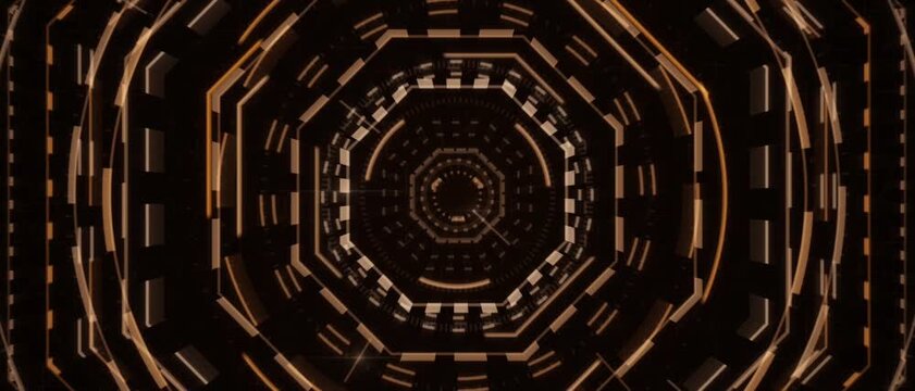 Copper and gold octagonal HUD tunnel with glowing segments on a dark background, futuristic scifi