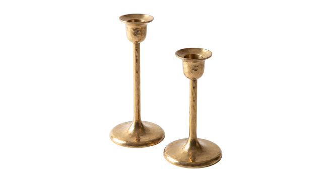 Vintage brass candlestick holders, elegant pair of golden metal candle stands, antique interior decor accessories isolated PNG with Transparent Background