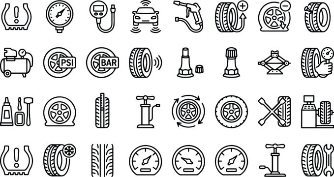 Set of tire pressure and car tire service line icons including TPMS warning, gauge, air pump, compressor, valve and wrench