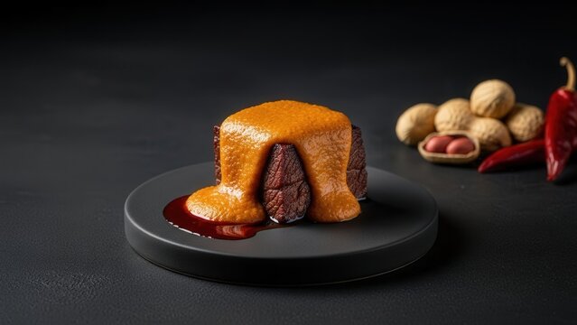 Fine dining presentation of traditional West African Mahfe featuring a single braised beef cube coated in rich terracotta peanut sauce on a matte black coaster with peanuts, dried chili, and dramatic 