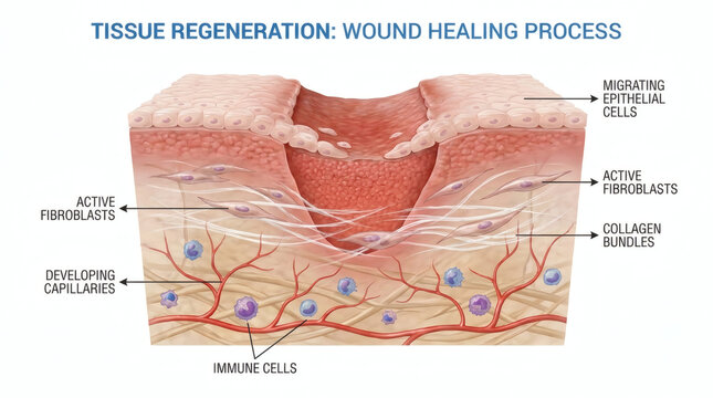 Tissue regeneration showing epithelial cells fibroblasts collagen and