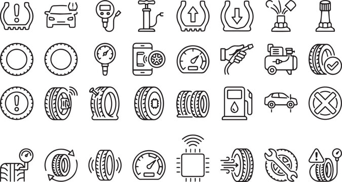 Set of tire pressure and car tire service line icons including TPMS warning, gauge, air pump, compressor, valve and wrench