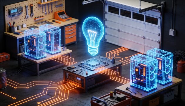 Isometric garage workshop with glowing blue lightbulb, holographic blue wireframe workbench and prototype rigs with orange circuitry on dark backdrop, early stage AI startup illustration