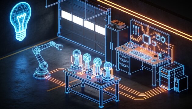 Isometric garage workshop with glowing blue lightbulb, holographic blue wireframe workbench and prototype rigs with orange circuitry on dark backdrop, early stage AI startup illustration