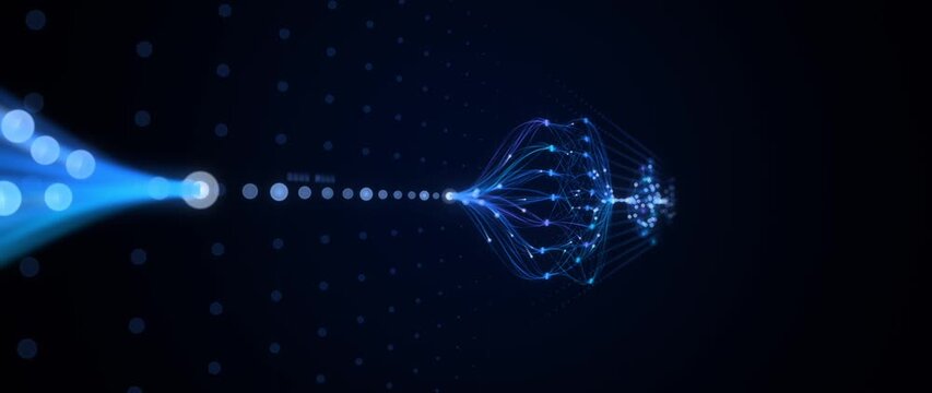 Blue data streams converge into a glowing neural network as the camera flies along the flowing lines, AI technology background,