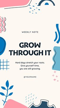 Doodle Abstract Stories / Cream Weekly Note Story with Grow Through It Headline, Branch and Wave Doodles for Resilience Quotes and Personal Growth / Vertical / Part 09