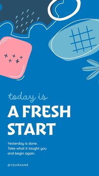Doodle Abstract Stories / Cobalt Blue Fresh Start Story with Bold Headline, Grid and Leaf Doodles for Morning Motivation and New Beginnings / Vertical / Part 06