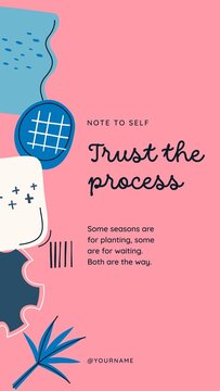 Doodle Abstract Stories / Pink and Navy Note to Self Story with Script Quote, Palm Leaf and Grid Doodles for Patience Messages and Coaching Posts / Vertical / Part 04