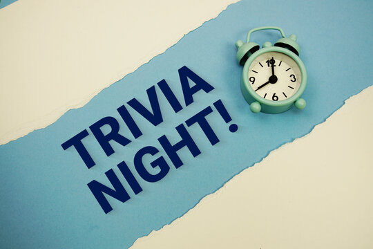 Trivia Night! with alarm clock on blue background