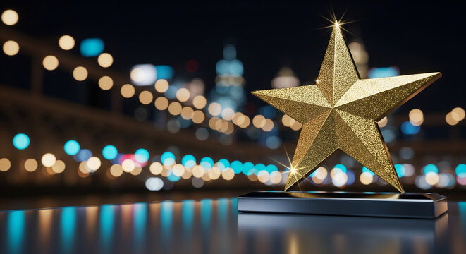 Golden star trophy on reflective surface with blurred night city lights, ideal for award ceremonies, corporate recognition and success promotions