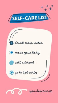 Doodle Stories / Pink Self Care List Story with Checklist Note, Ribbon Title and Doodle Markers for Healthy Habits and Wellness Tips / Vertical / Part 03