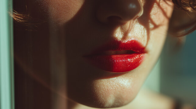 Diagonal macro woman lower face close to window. Red lipstick accentuated by sunlight rays