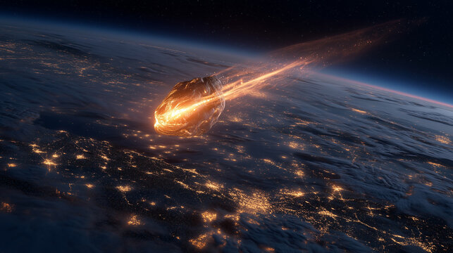 Meteor trajectory entering Earth atmosphere. Glowing friction trail shines above dark land