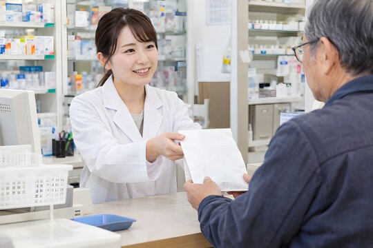 薬局で高齢の男性に薬の袋を手渡す薬剤師