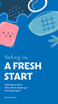 Doodle Abstract Stories / Cobalt Blue Fresh Start Story with Bold Headline, Grid and Leaf Doodles for Morning Motivation and New Beginnings / Vertical / Part 06