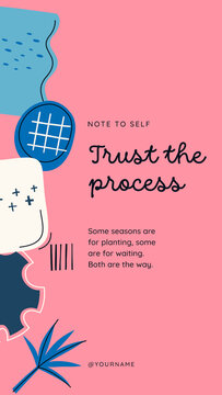 Doodle Abstract Stories / Pink and Navy Note to Self Story with Script Quote, Palm Leaf and Grid Doodles for Patience Messages and Coaching Posts / Vertical / Part 04