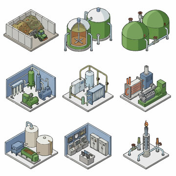 Modern Isometric Illustrations of Industrial Equipment and Process Control Systems in Green Blue and Gray