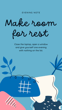 Doodle Abstract Stories / Sky Blue Evening Note Story with Script Headline, Grid Blob and Leaves for Rest Reminders and Slow Living Content / Vertical / Part 02