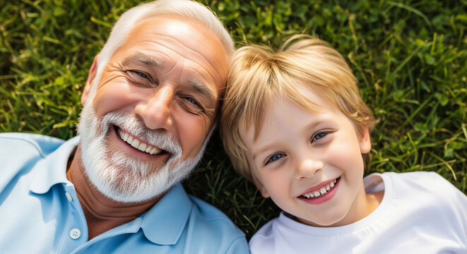 Top view close-up of smiling grandfather and grandson lying on green grass in sunlight, concept for family bonding, active aging and happy childhood