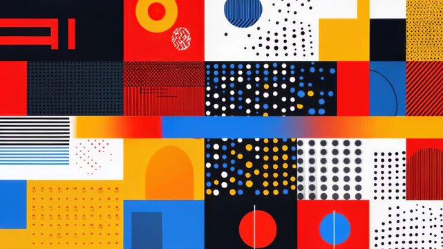Abstract Geometric Pattern: A vibrant and dynamic composition of geometric shapes, lines, and dots in bold colors, creating a visually stimulating and modern abstract artwork.