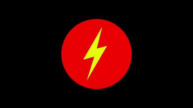 Yellow lightning bolt striking inside a red circle against a black background. Simple flat 2D animation style. Loopable.