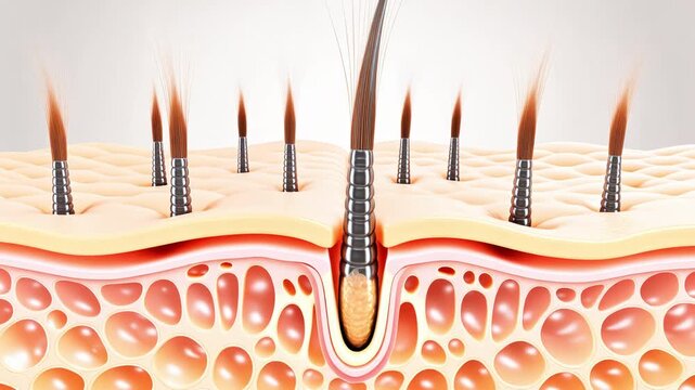 3D animation showing healthy hair growth from the follicle within the skin layers, highlighting scalp health.