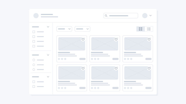 Website UI Wireframe with Product Cards and Search Filters