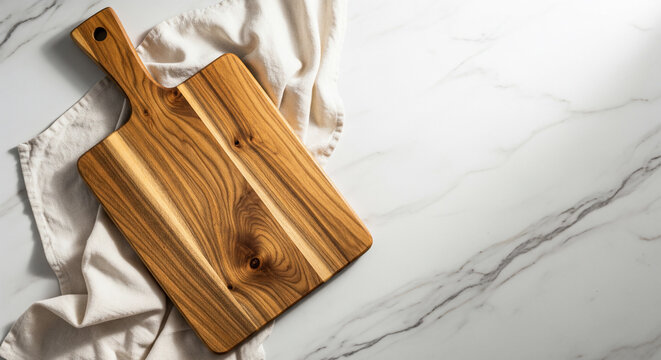 Wooden cutting board with linen cloth on marbled surface, top view, ideal for food preparation, culinary blogs and kitchen decor inspiration