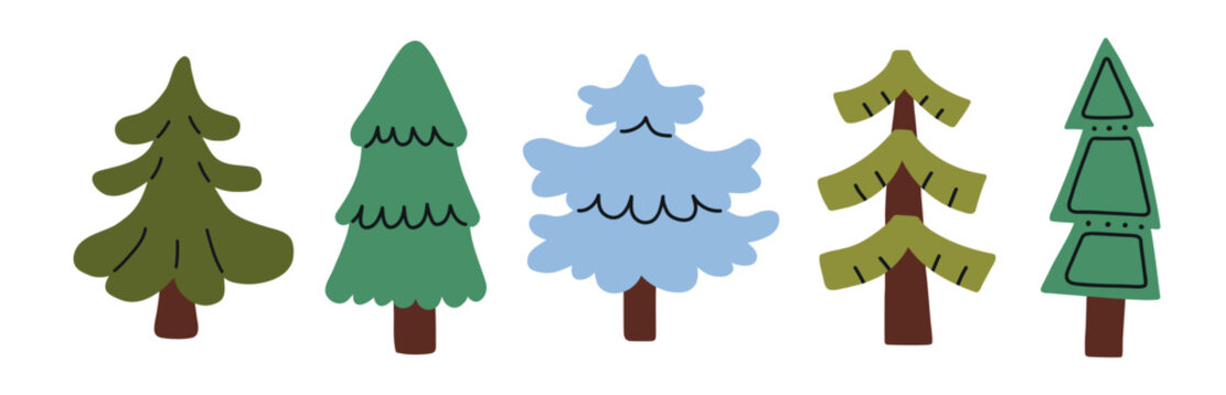 vector Set of christmas trees in different style, isolated on a white background. Winter forest and Christmas elements im line for stickers, cards, nursery designs, seasonal decorations