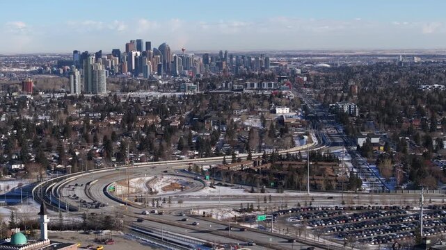 Aerial view of the downtown Calgary skyline and surrounding neighborhoods on a winter day, Alberta, Canada.