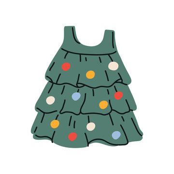 Cute children's Christmas tree costume dress with layered green ruffles and colorful bauble decorations. Flat vector illustration for Christmas carnival, school performances and winter 