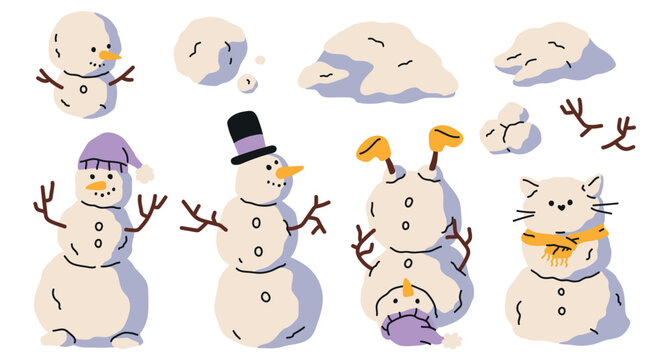 funny winter collection of snowmen  characters wearing winter hats and scarves, hand drawn in a playful flat style. Festive Christmas and winter vector sticker set.