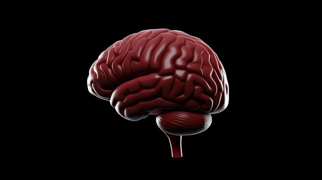 A realistic 3D model of the human brain rotates slowly against a dark background, highlighting its intricate structure and anatomical details.