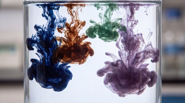 Colorful ink drops swirling and dispersing in clear water, creating abstract artistic shapes and vibrant plumes of blue, brown, green, and purple liquid clouds in a glass container