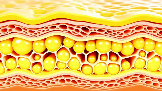 Detailed 3D animation illustrating the intricate layers of human skin, including fat cells and collagen, ideal for dermatology, beauty, and health-related projects.