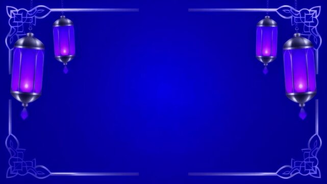 Elegant Islamic background featuring swaying purple lanterns and decorative silver frames on a vibrant blue gradient.