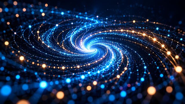Spiraling data processing vortex of glowing connection nodes symbolizing advanced algorithm network architecture