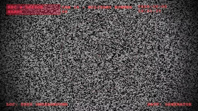 Analog television static noise with security camera surveillance overlay