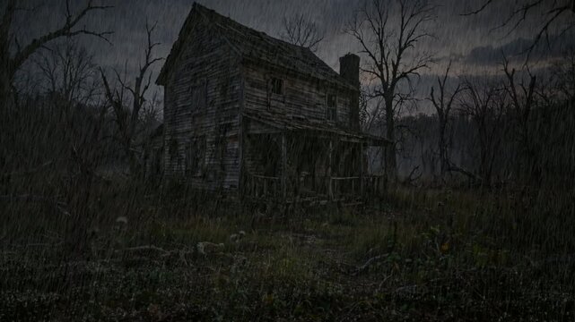 Abandoned rural house in rainstorm