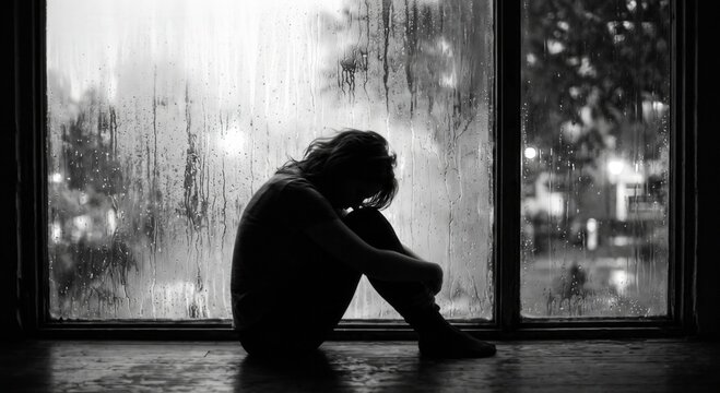 Depressed young woman sitting alone by a rainy window in a dark room representing deep loneliness