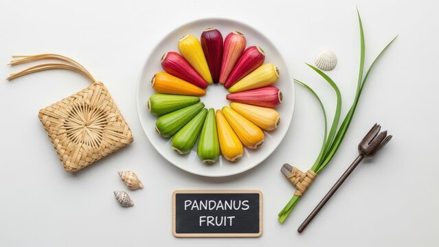 Minimalist flat lay of traditional Marshallese Pandanus keys (Pandanus Fruit) arranged in a circle on a white ceramic plate with a tiny chalkboard, a hand-carved scraper tool, fine weaving