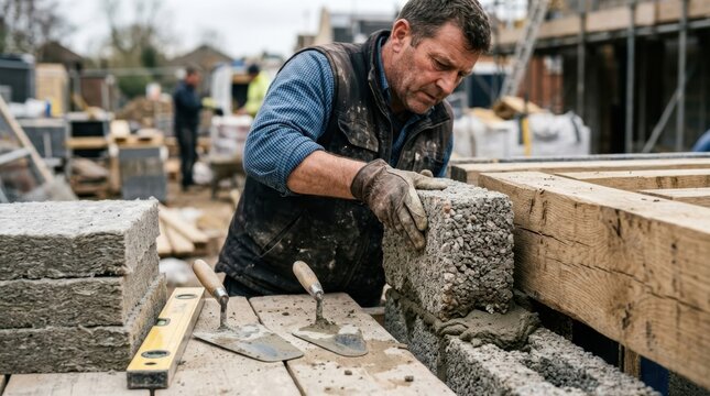 Mason fitting recycled aggregate blocks and timber joists with trowels, spirit level and insulation boards on a construction site
