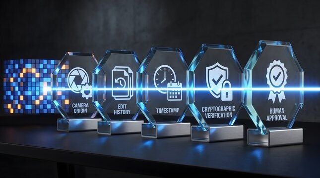 Digital verification process with transparent awards for camera origin edit history timestamp cryptographic verification and human approval.