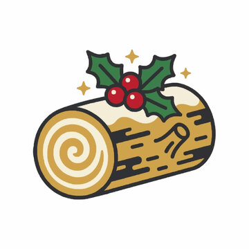 Yule log cake with a holly sprig, merry christmas flat design element vector illustration