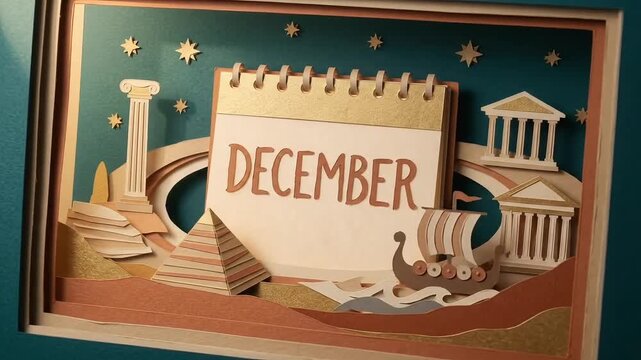 Paper art calendar flipping to December with ancient architecture dior