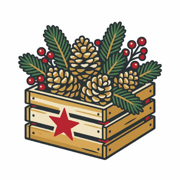 Wooden crate of pinecones and branches, cute festive xmas clipart vector icon isolated